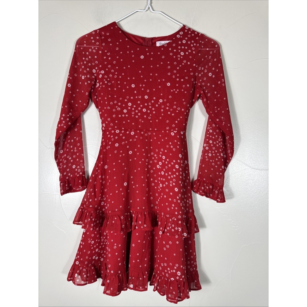 Frankies By Francesca's Youth Girl Red Floral Dress Ruffles Tie Back Zip Size 10